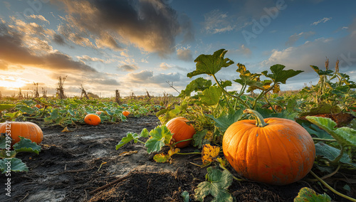 Autumn Pumpkin Patch Under Cloudy Dramatic Sky View	