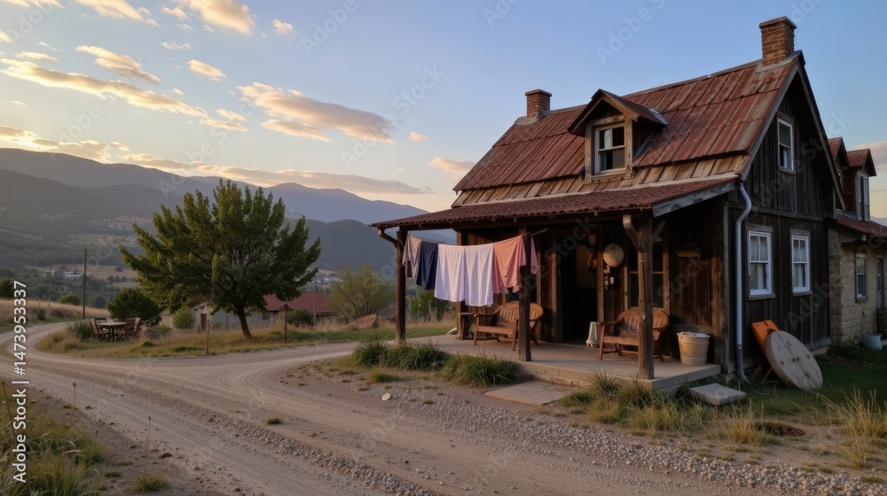 Naklejka premium Laundry hangs peacefully on rustic farmhouse porch as sunlight kisses rural landscape and distant mountains.
