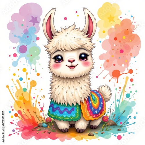 a fluffy cartoon llama with a colorful blanket spitting watercolor splashes white background