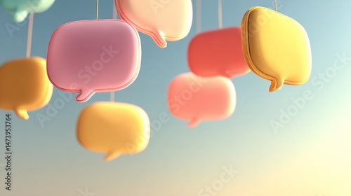 Floating pastel speech bubbles in a minimalist abstract composition, symbolizing open communication and creative ideas.
