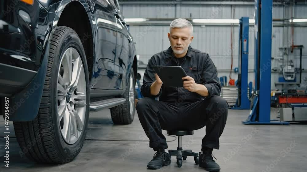 Mechanic using tablet in workshop