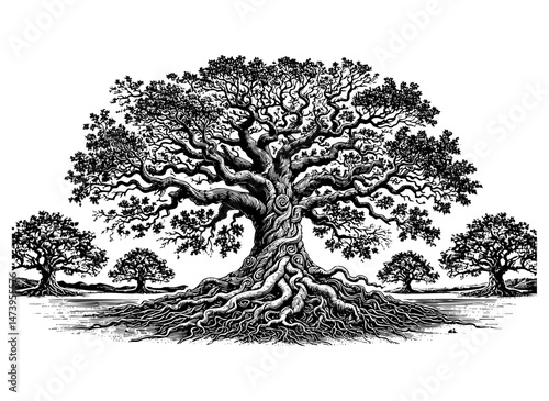 Tree with intricate root sketch engraving black and white outline. Scratch board imitation.