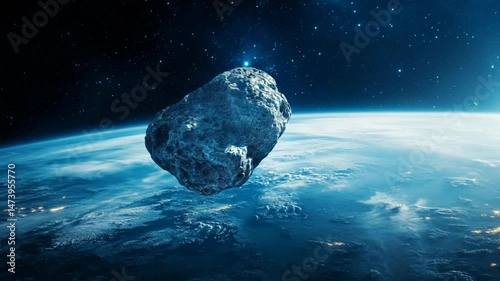 Stunning cinematic animation of a massive asteroid looming over Earth in deep space vista