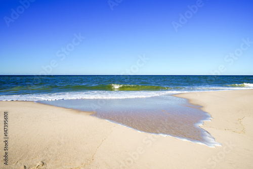 Landscape on the beach between Wenningstedt and Kampen on the Frisian island of Sylt. View of the North Sea and the surrounding nature.
