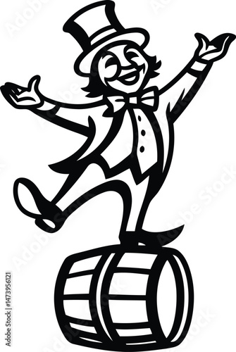 A cute cartoon style performer in a top hat balancing on a barrel vector illustration, performer in a top hat balancing on a barrel silhouette and line art vector design