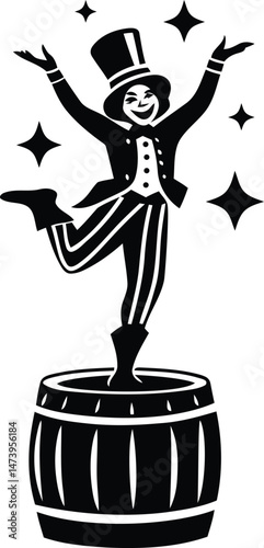 A cute cartoon style performer in a top hat balancing on a barrel vector illustration, performer in a top hat balancing on a barrel silhouette and line art vector design