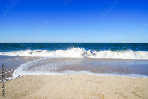 Landscape on the beach between Wenningstedt and Kampen on the Frisian island of Sylt. View of the North Sea and the surrounding nature.
