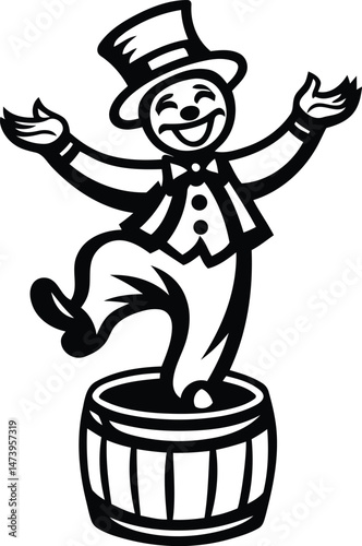 A cute cartoon style performer in a top hat balancing on a barrel vector illustration, performer in a top hat balancing on a barrel silhouette and line art vector design