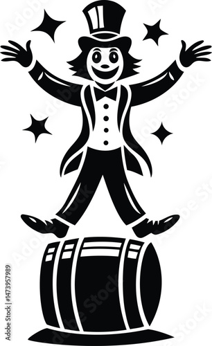 A cute cartoon style performer in a top hat balancing on a barrel vector illustration, performer in a top hat balancing on a barrel silhouette and line art vector design