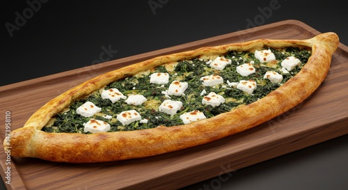 Close Up Of A Traditional Turkish Pide Pizza On A Wooden Board Displaying Baked Savory Dish With Cheese And Spinach