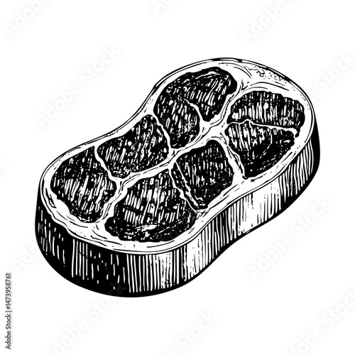 Raw meat sketch engraving black and white outline. Scratch board imitation.  illustrated in vintage line art style on a white background.