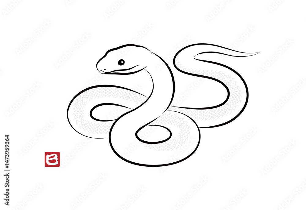 Obraz premium 八の字にとぐろを巻いている縁起の良い白蛇のイラスト 墨絵風でお洒落な巳年の年賀状素材