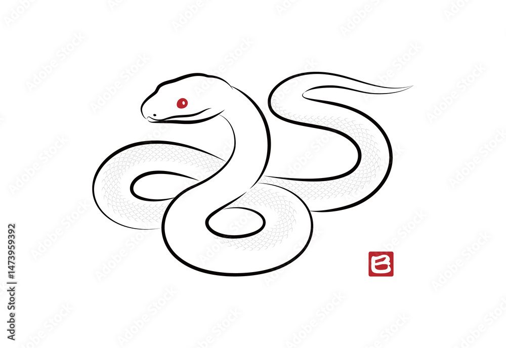 Fototapeta premium 八の字にとぐろを巻いている縁起の良い白蛇のイラスト 墨絵風でお洒落な巳年の年賀状素材