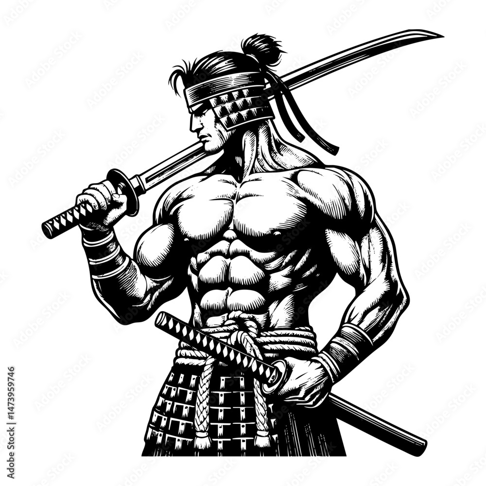 Obraz premium warrior holding sword sketch engraving black and white outline. Scratch board imitation. illustrated in vintage line art style on a white background.