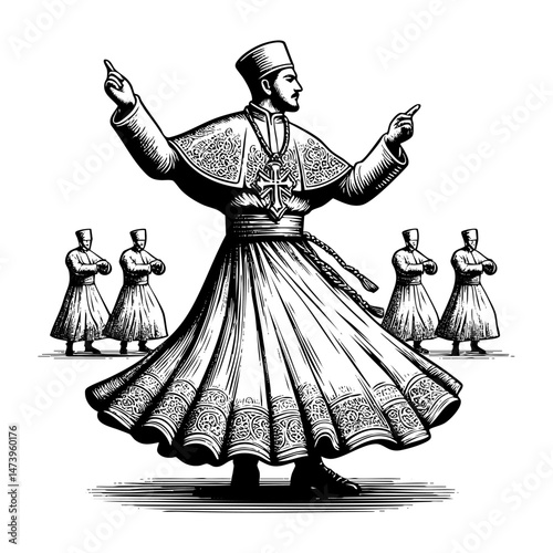 Pope holding cross sketch engraving black and white outline. Scratch board imitation.  illustrated in vintage line art style on a white background.