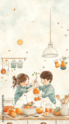 Kids Harvesting Oranges in Kitchen.