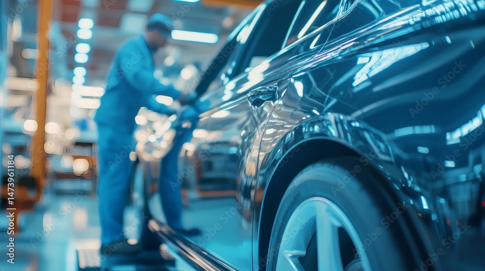 Fototapeta premium Car assembly plant worker inspecting vehicle