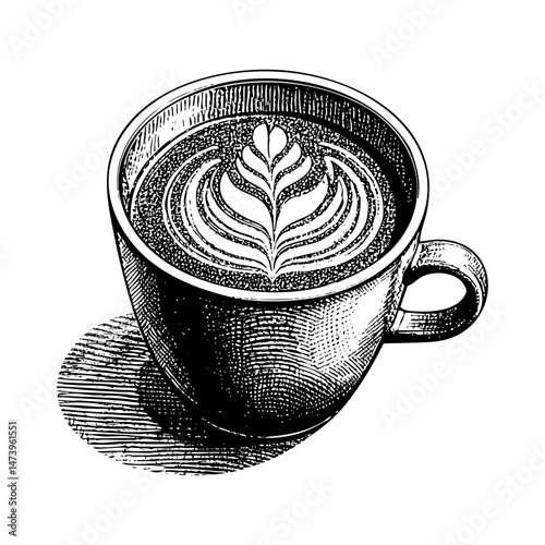 hot coffee cup engraving black and white outline. Scratch board imitation.  illustrated in vintage line art style on a white background.