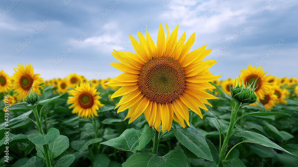 Fototapeta premium A vibrant sunflower blooms in a field under a cloudy sky, its bright yellow petals contrasting beautifully with the green leaves and the soft blue backdrop, creating a serene