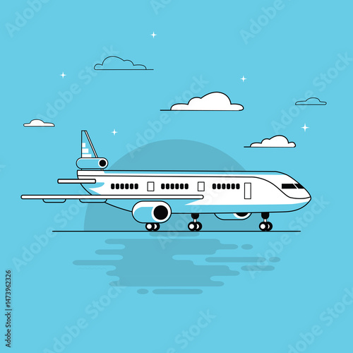 Flat Vector Commercial Airplane Illustration with Blue Background
