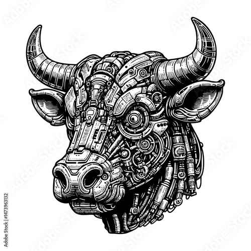 cybernetic bull with mechanical components, gears, and futuristic robotic details in steampunk style sketch engraving black and white outline. Scratch board imitation.