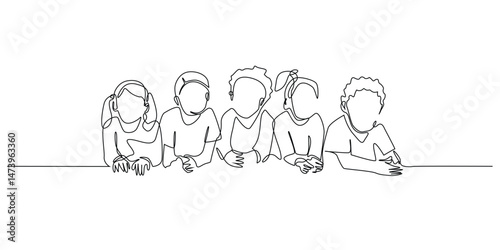 continuous line of group of children lying on the floor.one line drawing of children of various races and skin colors.vector line art for education,children's health
