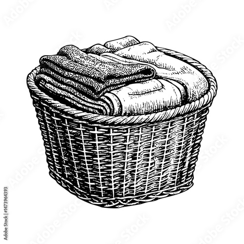 Wicker basket filled with folded clothes sketch engraving black and white outline. Scratch board imitation.