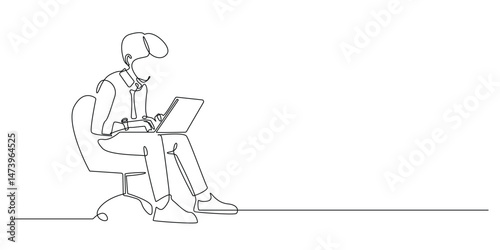 continuous line drawing of serious young man looking at laptop and sitting on chair.one line drawing of business concept,businessman,office worker.