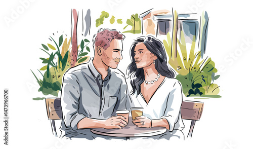 A watercolor sketch illustration of a diverse couple sitting at a cafe
