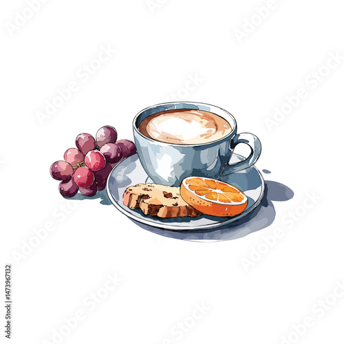 A watercolor illustration of an Italian breakfast on a white background 