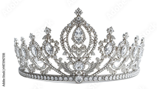 Front view of a silver diamond crown for a beauty queen pageant, featuring a crystal tiara adorned with gemstones and pearls. transparent background