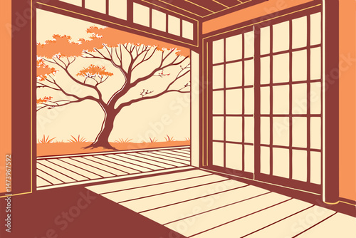 108 orange wall, tree with long shadows, wooden floor, minimal, architectural, serene, natural lighting, cinematic