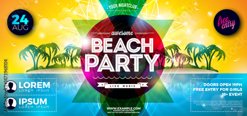 Summer Beach Party Flyer Design with Abstract Design Elements and Typography Lettering on Tropical Island Background. Vector Summer Holiday Illustration with Exotic Palm Leaves and Flower for Banner