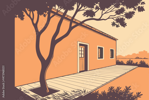 108 orange wall, tree with long shadows, wooden floor, minimal, architectural, serene, natural lighting, cinematic