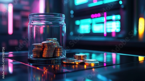 Glass Jar Filled with Coins on Futuristic Technology Background