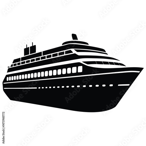 Passenger Ship Silhouette Vector – Minimal Black Cruise Liner Illustration for Marine Travel, Sea Transport, Nautical Design, and Ocean Voyage Projects