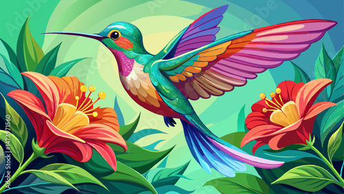  portrait A hummingbird hovering in midair near a brightly colored flower, collecting nectar Very beautiful