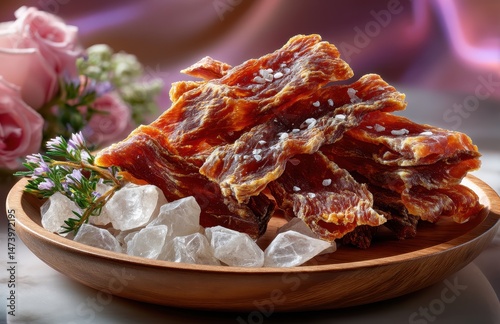 Delicious and Savory Dried Meat Slices with Pink Roses and Crystals on a Wooden Plate, Perfect for Food Photography and Culinary Delights
