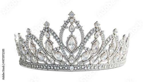 Front view of a silver diamond crown for a beauty queen pageant, featuring a crystal tiara adorned with gemstones and pearls. transparent background