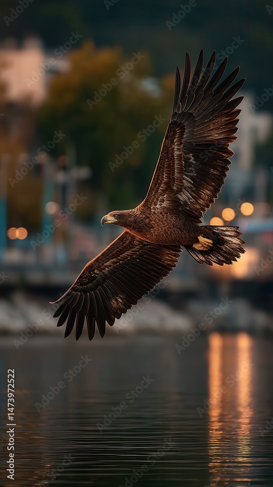 Obraz premium Majestic bald eagle soaring over water at dusk