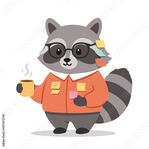 Humorous raccoon marketer with sticky notes and a cup of tea, perfect for creative agency promotions
