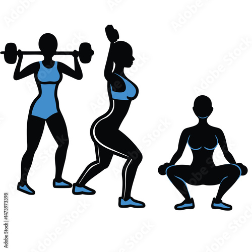 Three Female Fitness Silhouettes Demonstrating Weightlifting Exercises