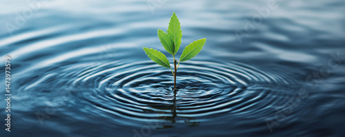 New plant sprouting in calm water, creating ripples around it. Pure water unpolluted concept.
