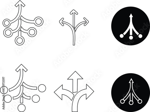 Consolidation icon set in flat style. Merge symbol isolated on transparent background. Vector Simple abstract in black Line for website design, app, Fund divergence merge into one direction symbol.