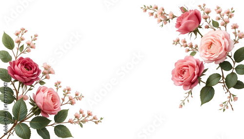 Fototapeta Naklejka Na Ścianę i Meble -  Elegant botanical arrangement with pink roses and delicate blossoms frame design