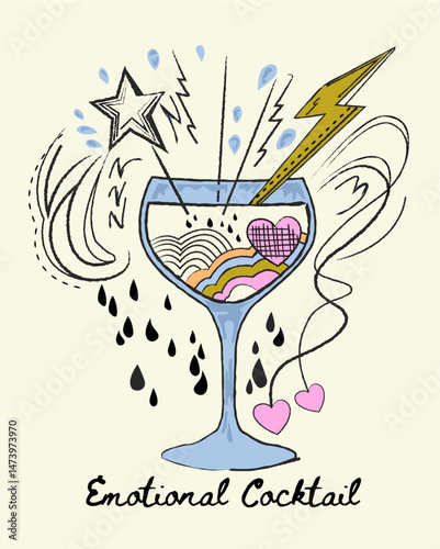 Colorful Emotional Cocktail illustration, Whimsical Hand drawn doodle drink glass with swirls, splashes, lightning bolts, hearts and drops, Emotional feelings cocktail drawing