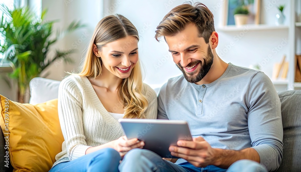 Fototapeta premium Couple enjoying tablet in cozy living room bright intimate digital experience together