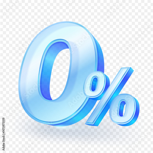 3D glossy clear glass letters of "0%" symbol designed in a modern and glossy style, isolated on a transparent background. Ideal for promotions, discounts, sales, finance and advertising designs.