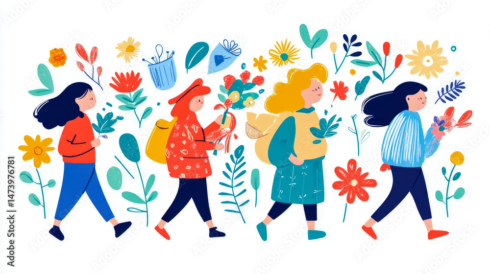 Fototapeta premium Floral Walk: A Spring Celebration of Friends and Nature in a Cheerful and Playful Composition for Print