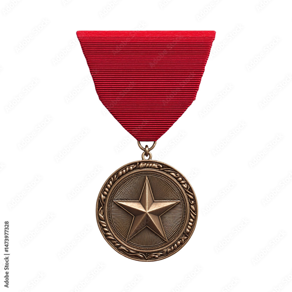 Fototapeta premium Bronze medal with a red ribbon, symbolizing achievement and honor, displayed against a plain background